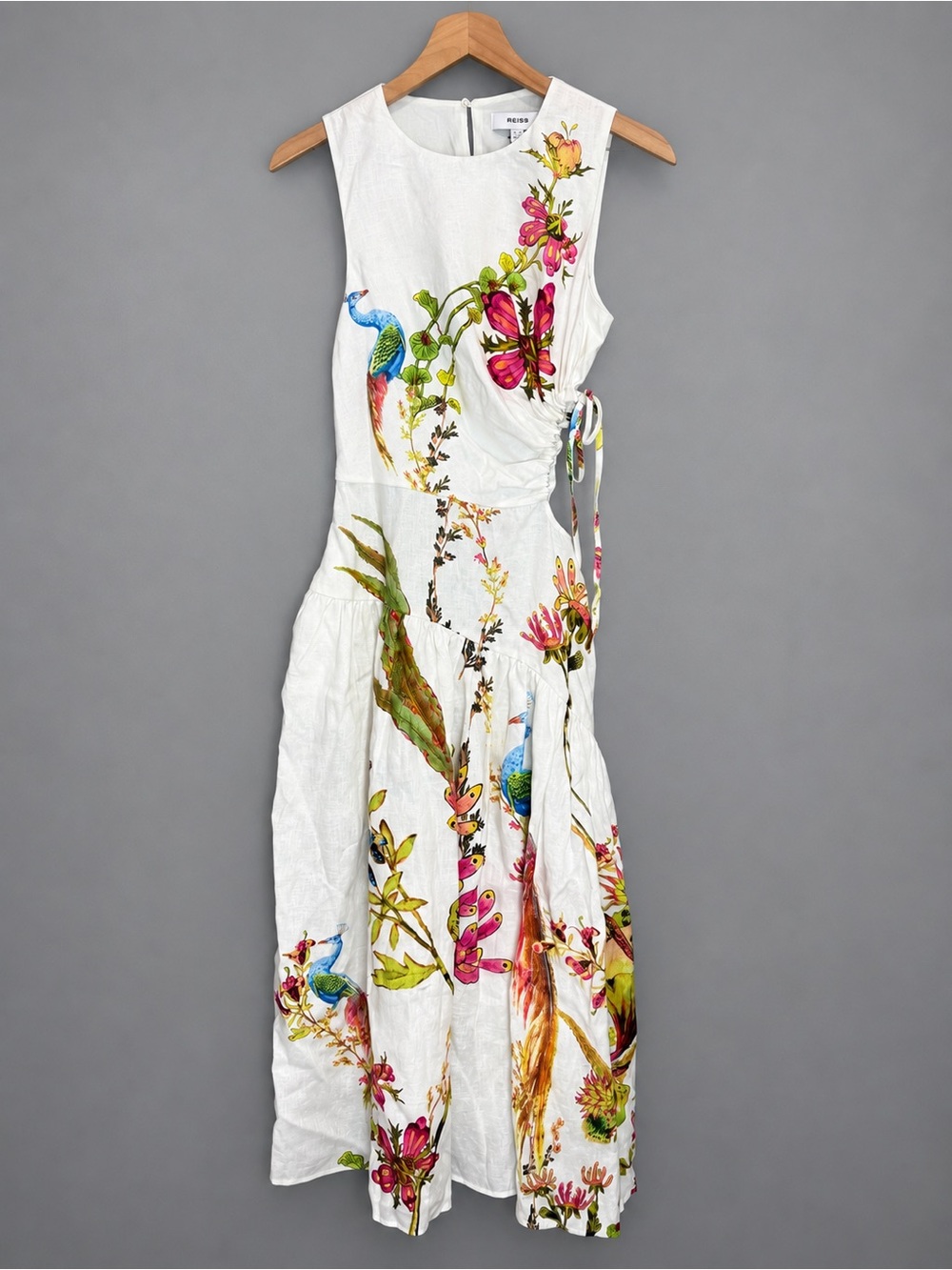 Reiss Bianca Floral Linen Cutout Midi Dress Ivory Peacock US 4